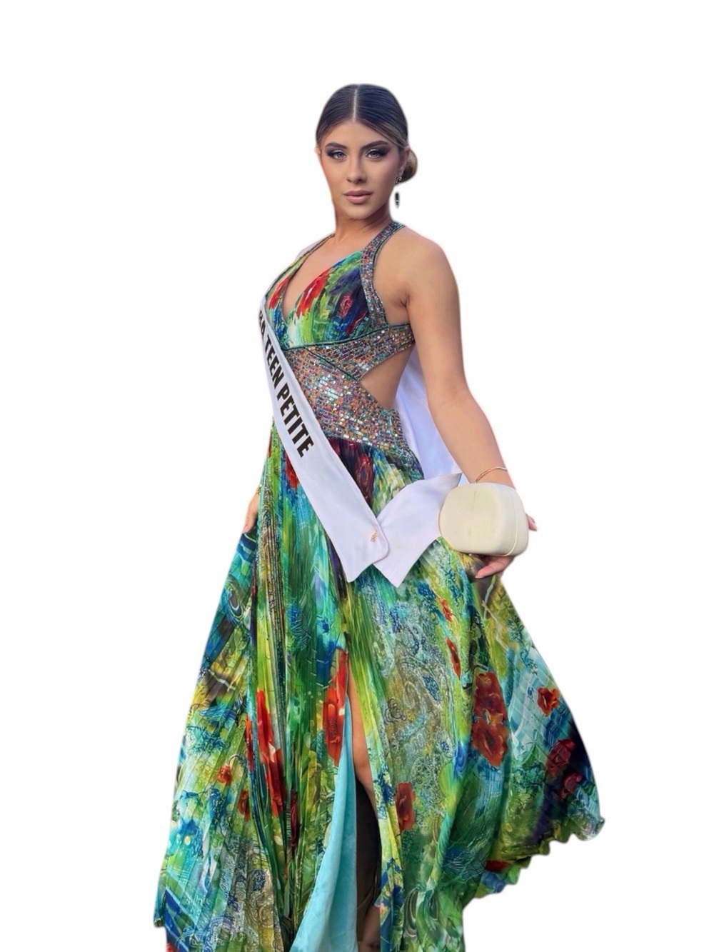 May Queen Multicolor Green Blue Evening Gown with Beaded Halter
